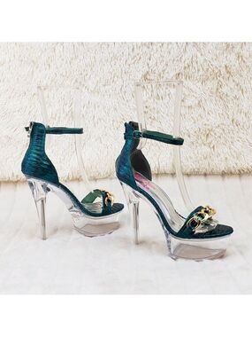 Bulls Shimmery Teal Green Clear Platform High Heels Chain Bridget